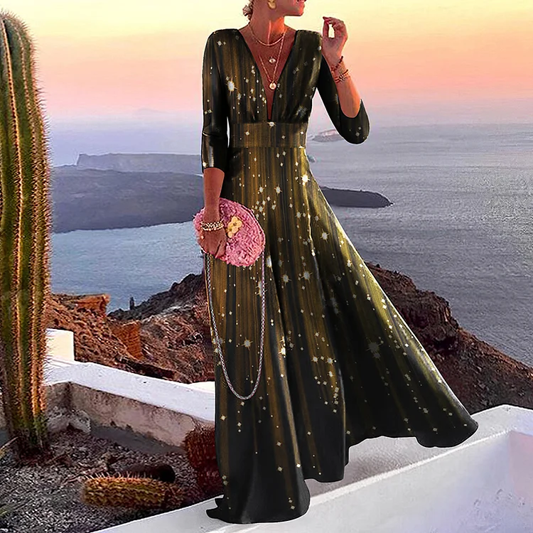 Elegant Starry Print V-Neck A Swing Maxi Dress