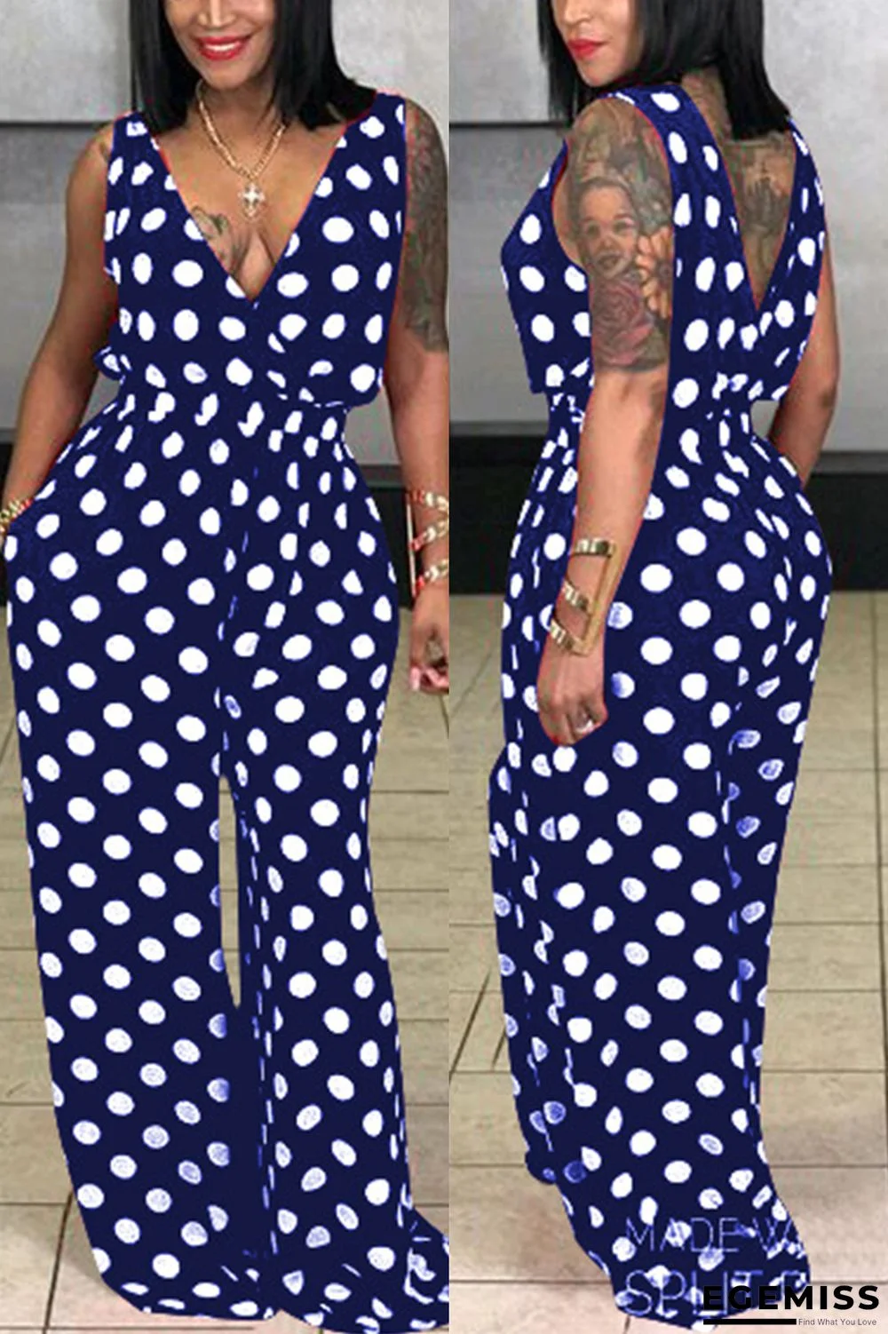 Navy Blue Fashion V Neck Sleeveless Tank Regular Dot Print Jumpsuits | EGEMISS