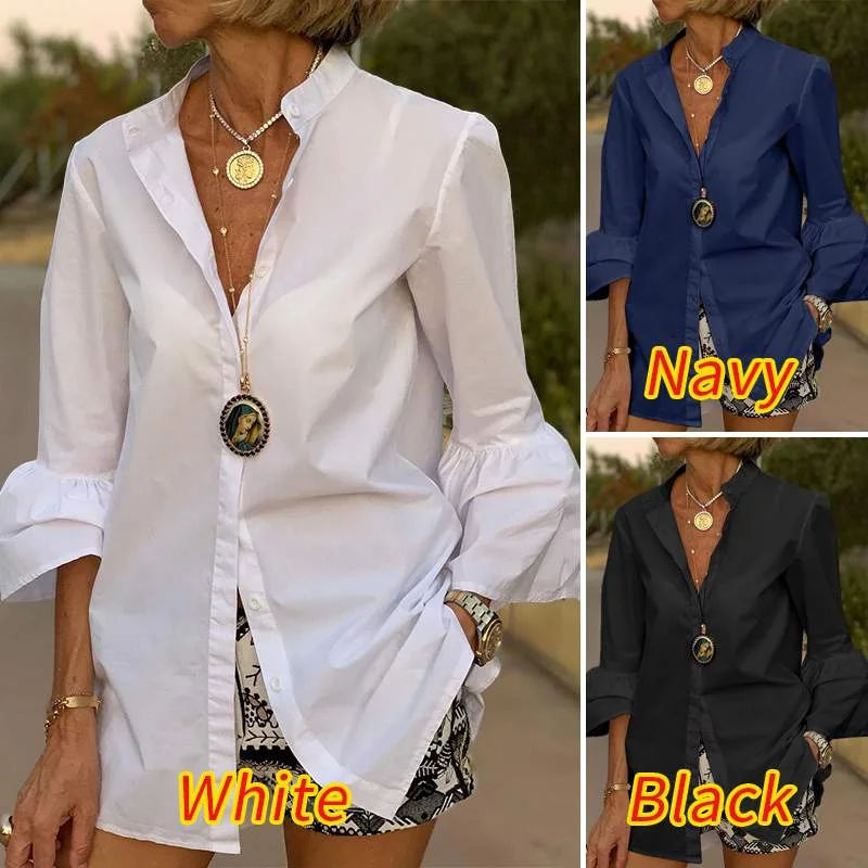Women Solid Color Flare Sleeve Tops VONDA 2022 Spring Sexy V Neck Button Up Office Shirts Bohemian Blusas Femininas Party Blouse