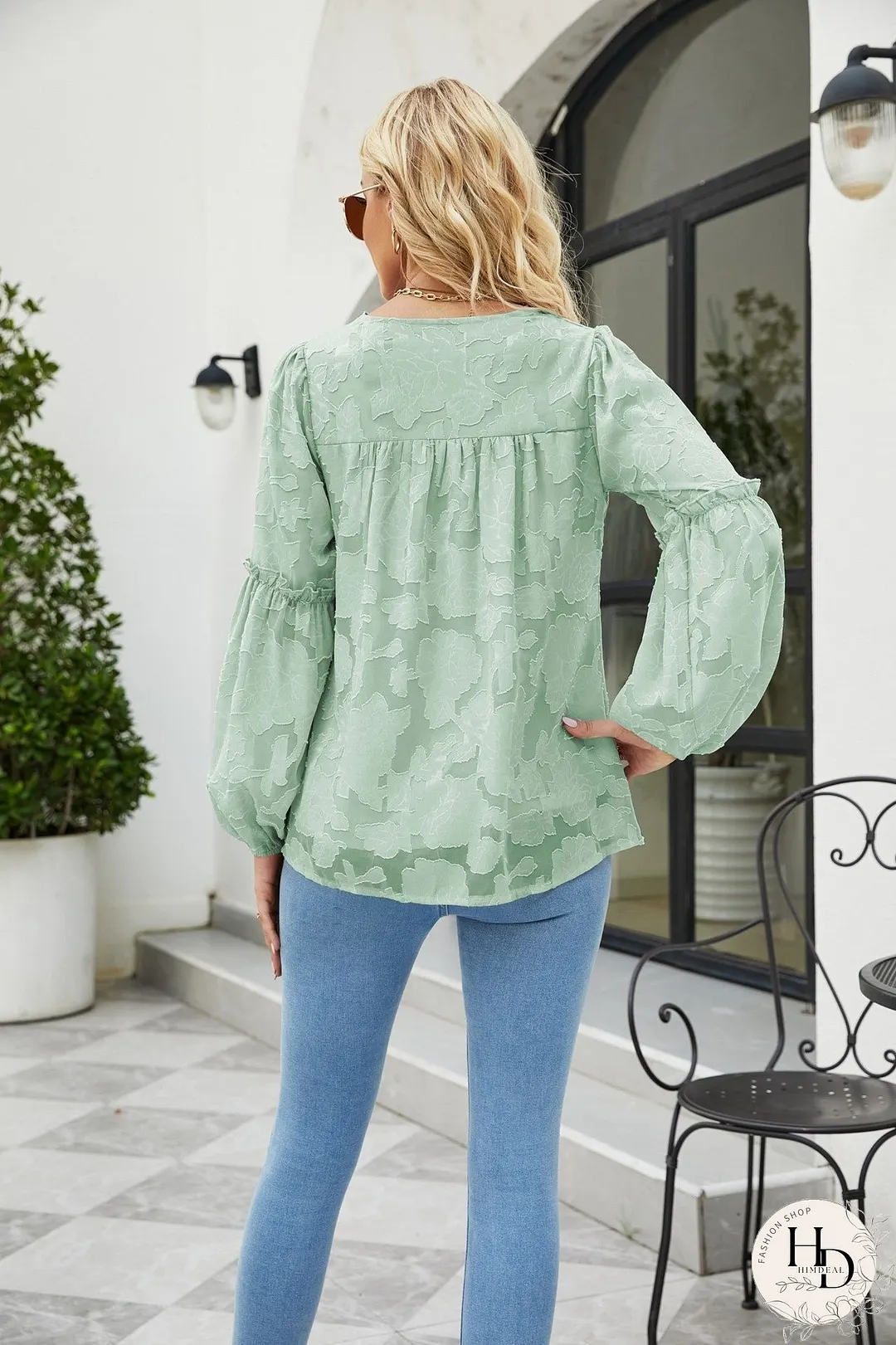 Applique Frill Trim Gathered Detail Blouse
