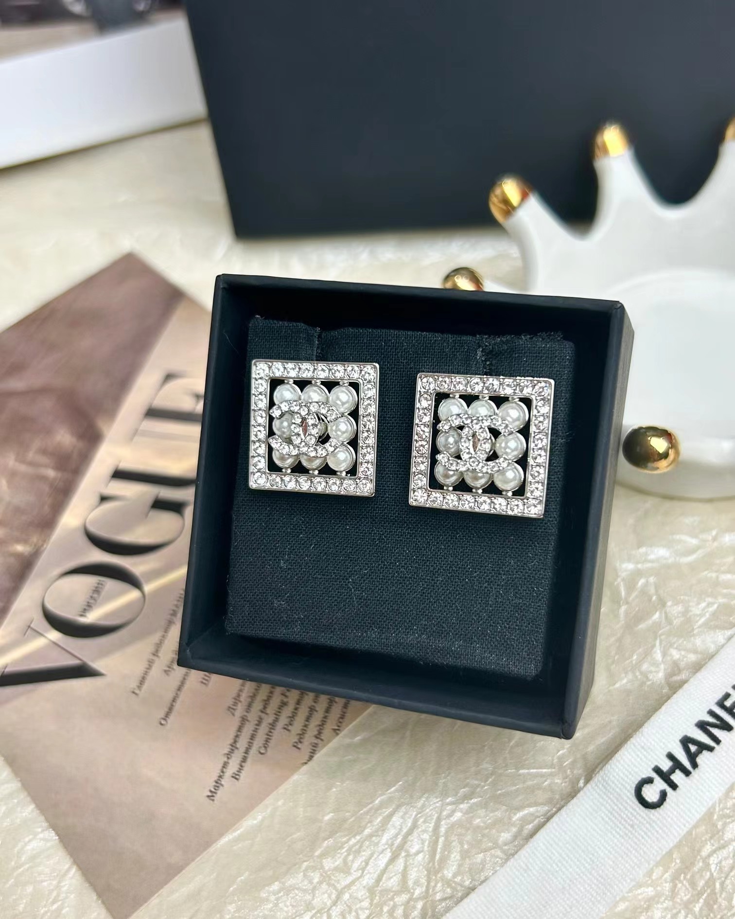 Buy replica Chanel Square Diamond and Pearl Earrings and replica jewelry from PICKS Jewelry