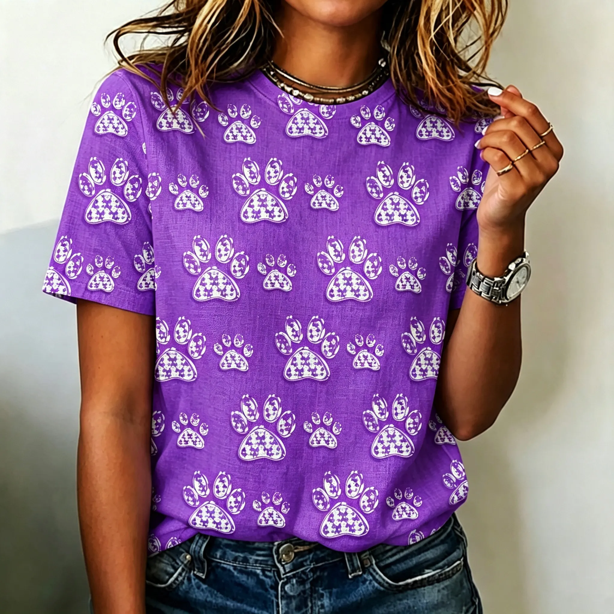 Comstylish Cute Cat And Dog Paw Print T-shirt For Women.