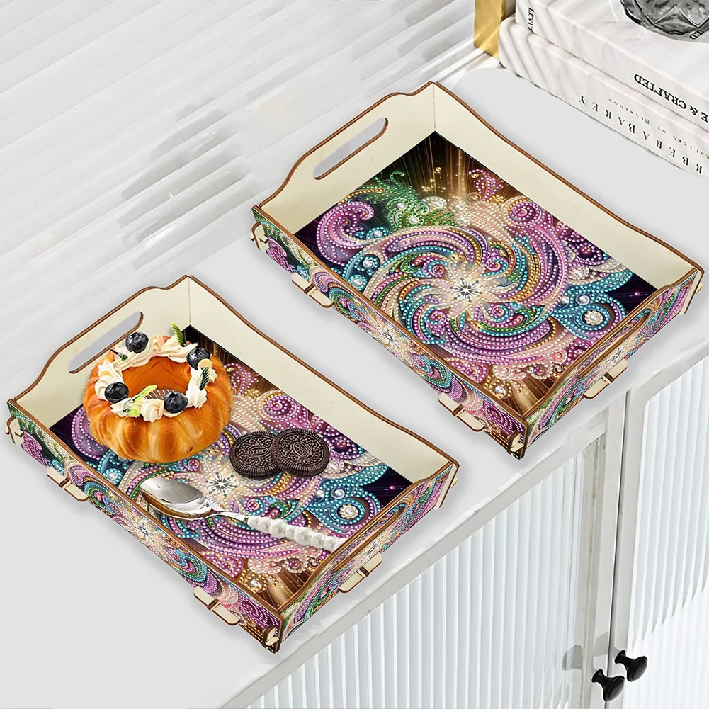 5D DIY Vortex Diamond Painting Wooden Serving Tray with Handle for Coffee Table