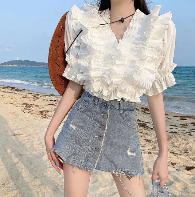 Vintage Pleated Ruffles Chiffon Shirt Summer Camicia Black White Crop Top Sexy V-Neck Short Sleeve Elegant Short Blouses