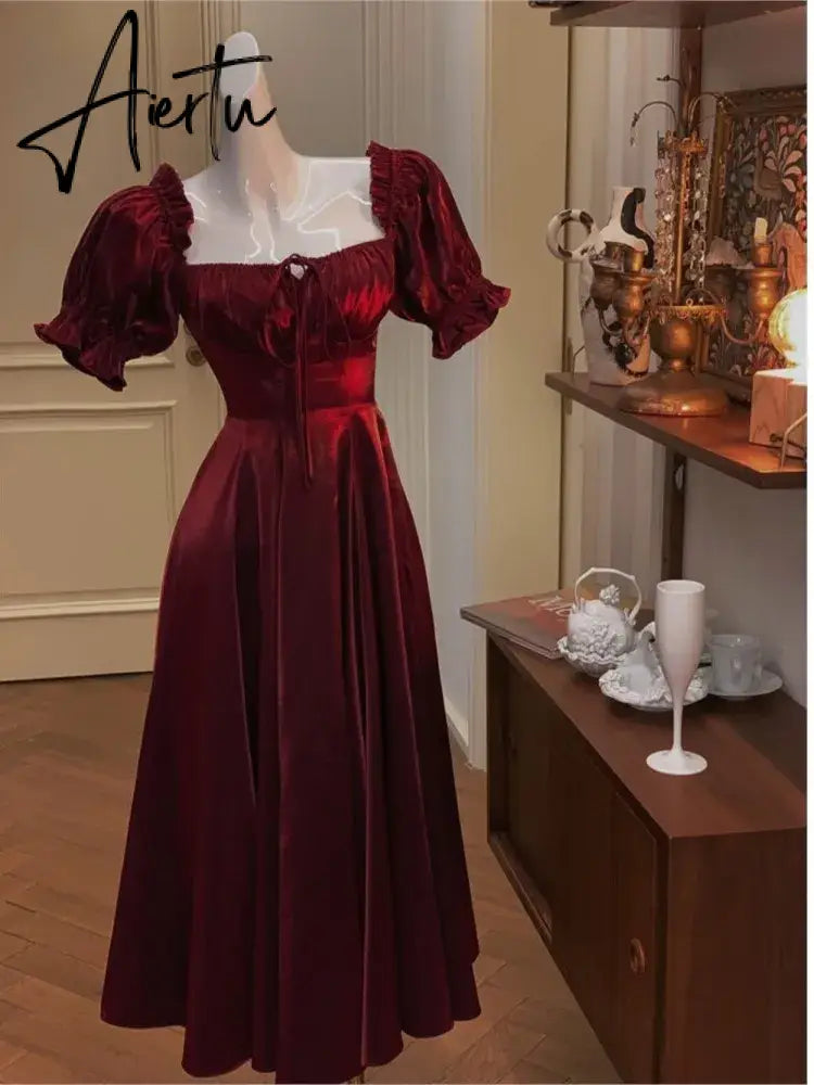 French Vintage Burgundy Evening Party Dress Women  Summer Elegant Romantic Prom Vestidos Korean A-line Graduation Dresses Aiertu
