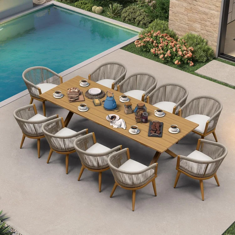 Outdoor Dining Set for 10 All-Weather Aluminum 11 Piece Furniture Sets with Woodgrain Table and Rope Weave Chairs Included Cushions