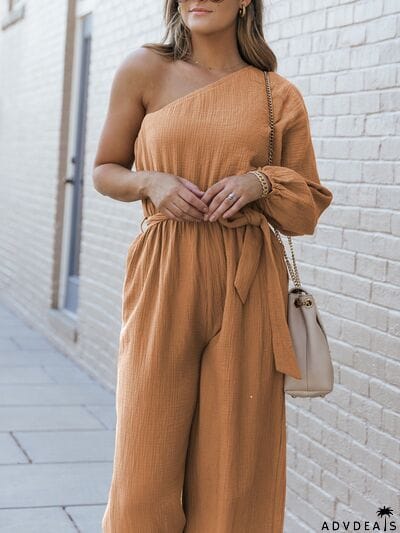 Texture Single Shoulder Tie-Waist Jumpsuit