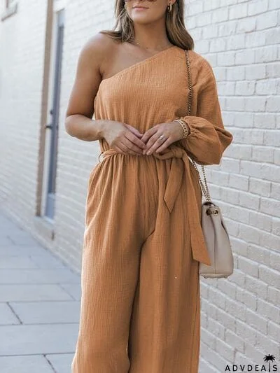 Texture Single Shoulder Tie-Waist Jumpsuit