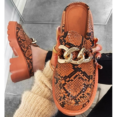 Round Toe Metal Chain Chunky Heel Shoes -loafers
