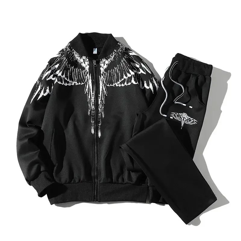Aonga Tracksuit Men Oversized Wings Print Pattern Two Piece Set Clothes for Men Slim Baseball Uniform Sports Casual Zipper Sweatpants aonga