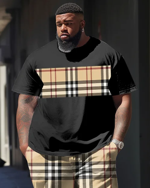Men's Plus Size Plaid Color Matching Casual Street Short-Sleeved Trousers Casual Two-Piece Set