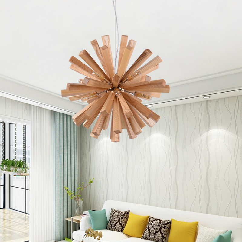 Nordic Wood Chandelier Dandelion-Shaped Pendants Lights For Bedroom