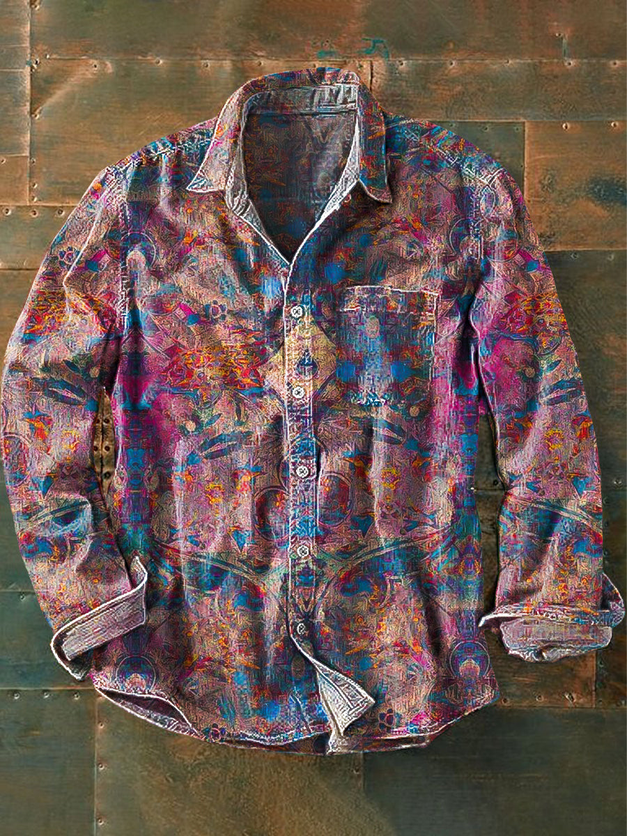 Men's Vintage Ethnic Symmetrical Floral Art Print Lapel Long Sleeve Shirt