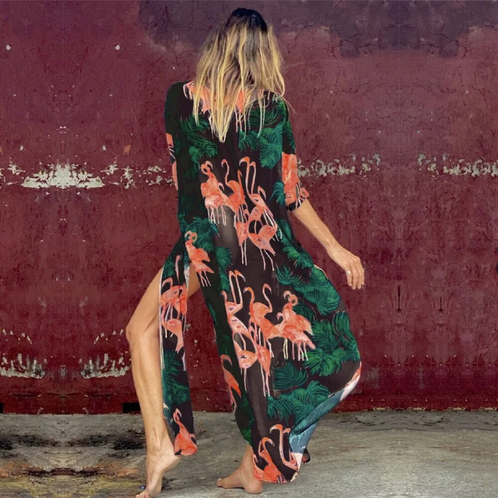 2021 Boho Print Chiffon Tunic Sexy Bathing Suit Cover-ups Plus Size Beach Wear Kimono Dress Women Summer Swimsuit Cover Up