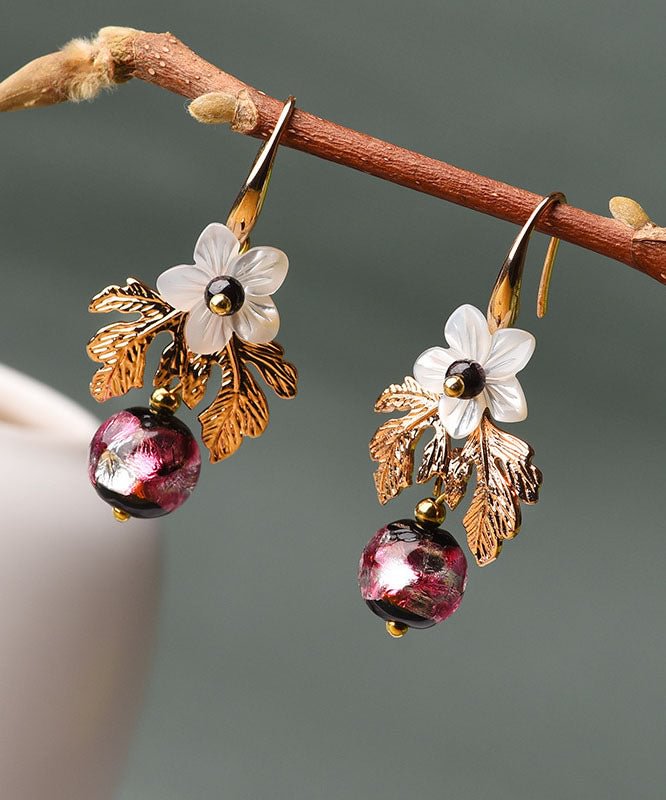 Elegant White Shell Flower Red Coloured Glaze Metal Drop Earrings