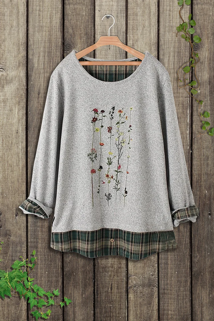 Flower Print Loose Round Neck Blouse