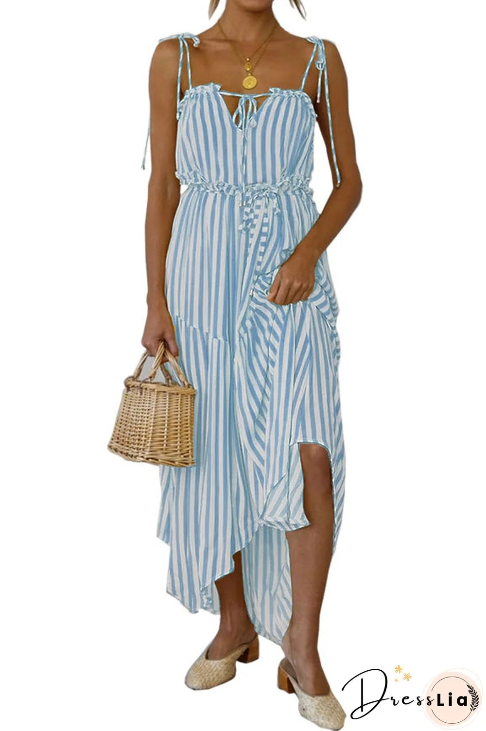 Striped Backless Lace-up Vacation Maxi Dress