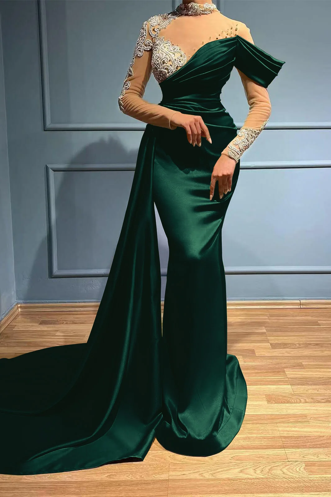 Black Mermaid Puff Long Sleeves V Neck Long Formal Dress with Appliques