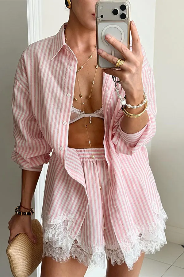 Linen Blend Shirt and Lace-trimmed Shorts Set