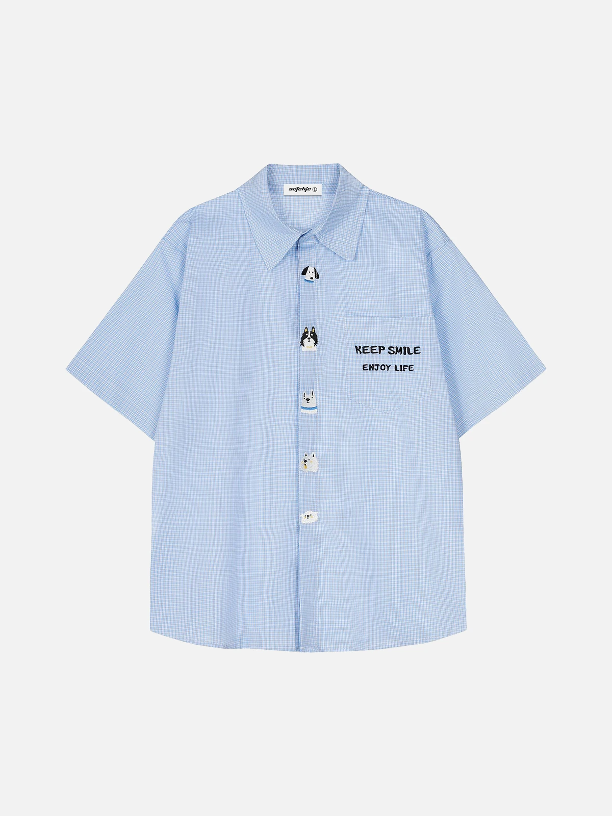 Blue Act Chic Cartoon Dog Embroidery Short Sleeve Shirt Front