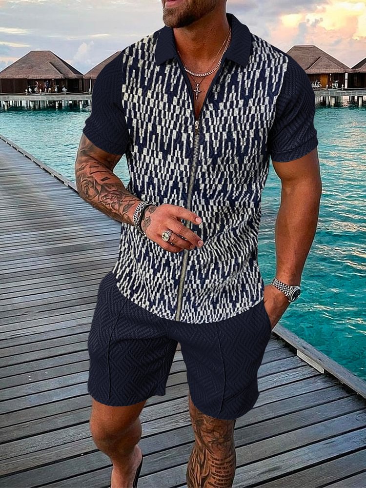 Men's Printed Zipper Polo Suit