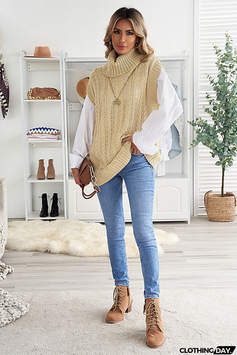Casual Khaki Turtleneck Braided Knitted Vest
