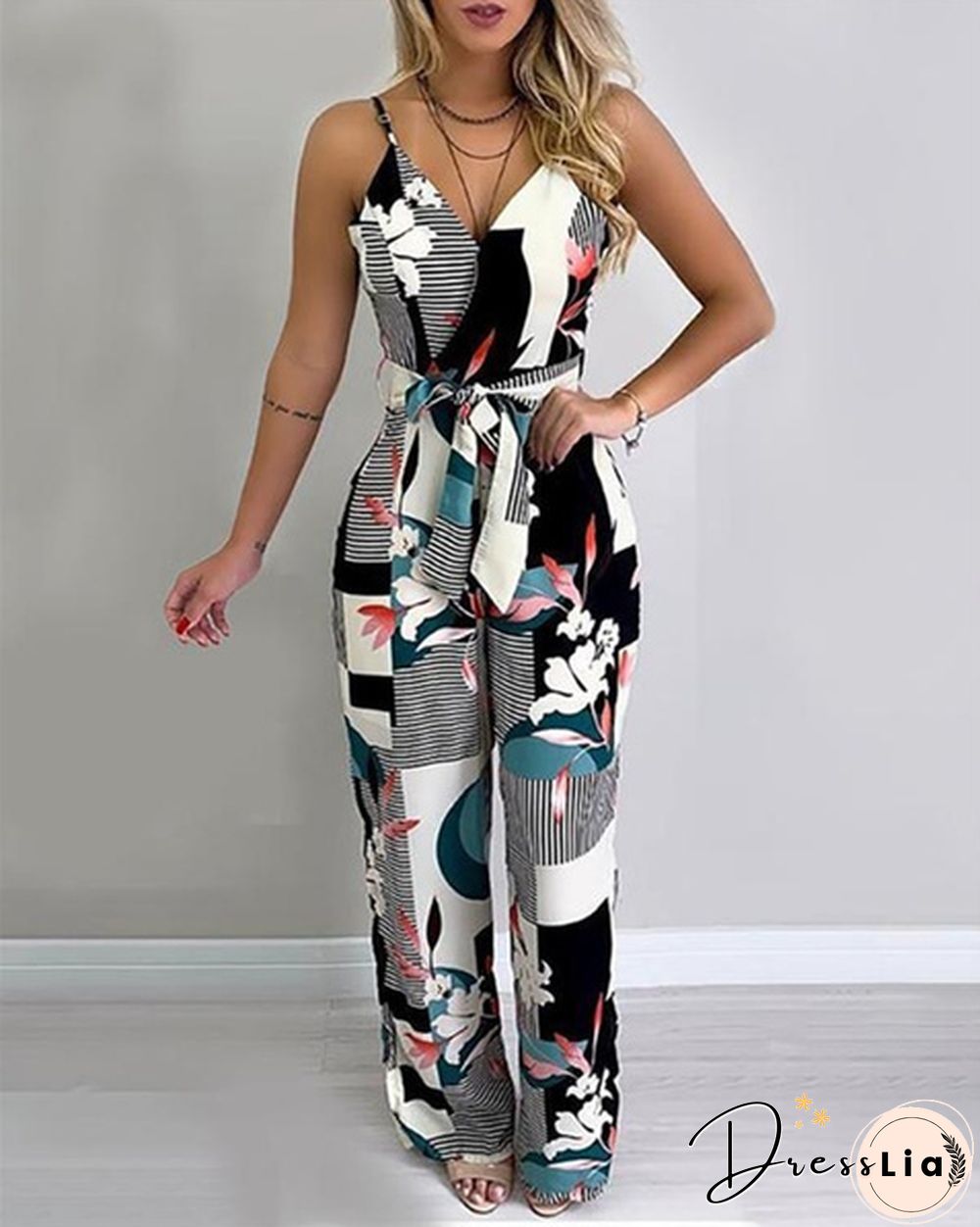 Women Fashion Spaghetti Strap Mixed Printing Jumpsuit Deep V-neck Sleeveless Jumpsuits Backless Wide Leg Macacao Feminino