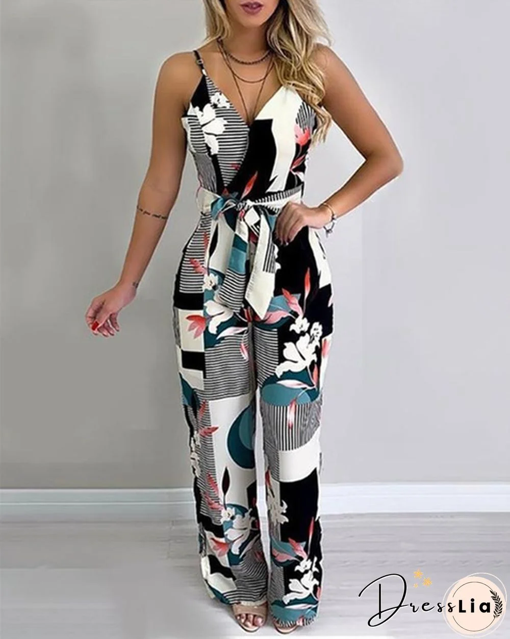 Women Fashion Spaghetti Strap Mixed Printing Jumpsuit Deep V-neck Sleeveless Jumpsuits Backless Wide Leg Macacao Feminino
