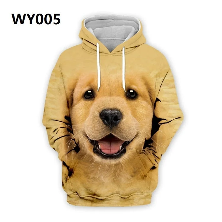 Spring Autumn Mens Hoodies with Cap 3D Digital Dog Pet Print Long Full Sleeves Casual Hip Hop Counple Women Clothes Front Pocket