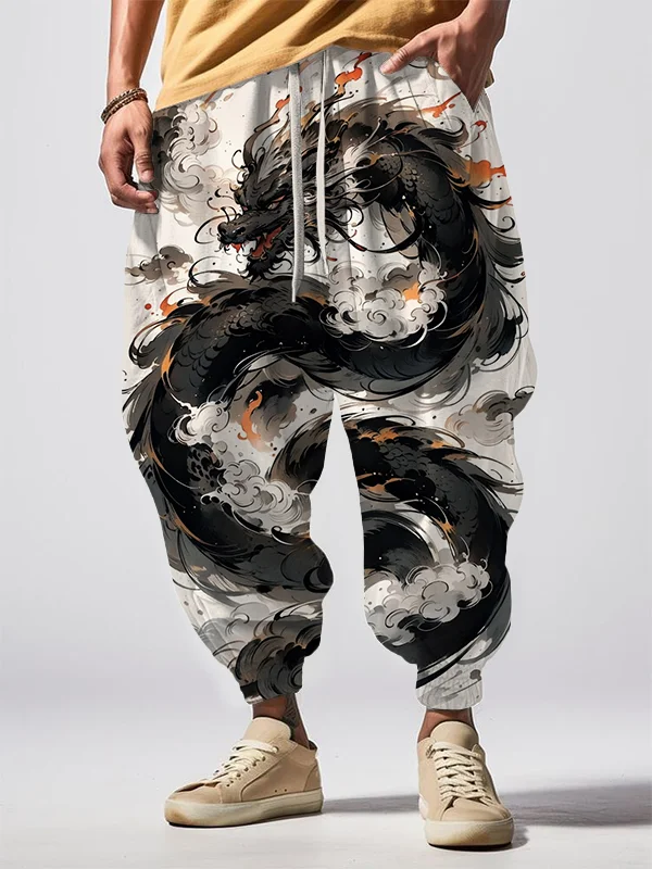 Men's Dragon Coiled In The Clouds Ink Art Print Loose Drawstring Waist Sweatpants