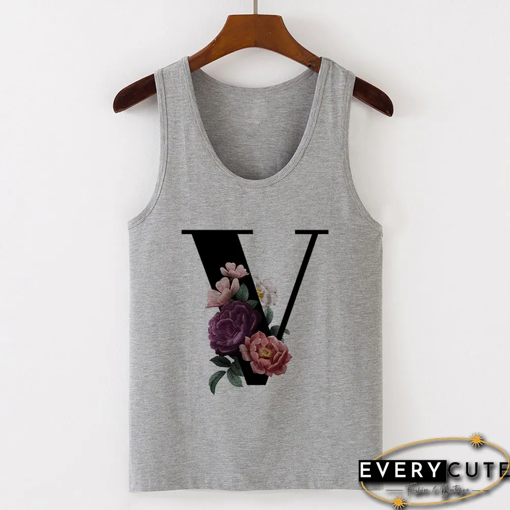 Summer Alphabet Print Camisole Sexy Tank Tops Vest Women Tee Shirt Sleeveless Gray Female