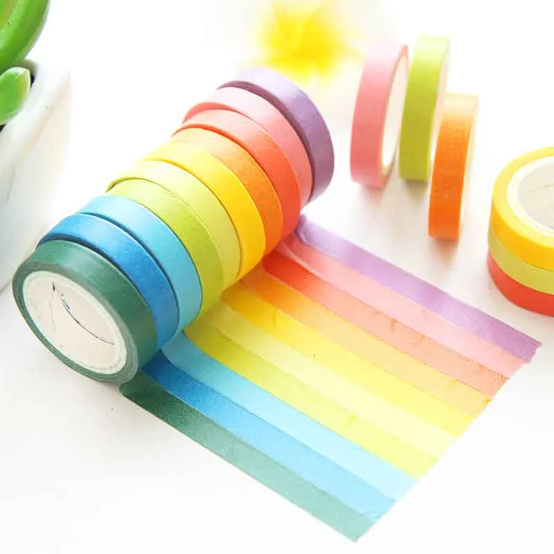10Pcs/Set Color Rolls Paper Washi Masking Tape Rainbow Colours Sticky Adhesive DIY Craft Decor Washi Tape Stickers Scrapbooking