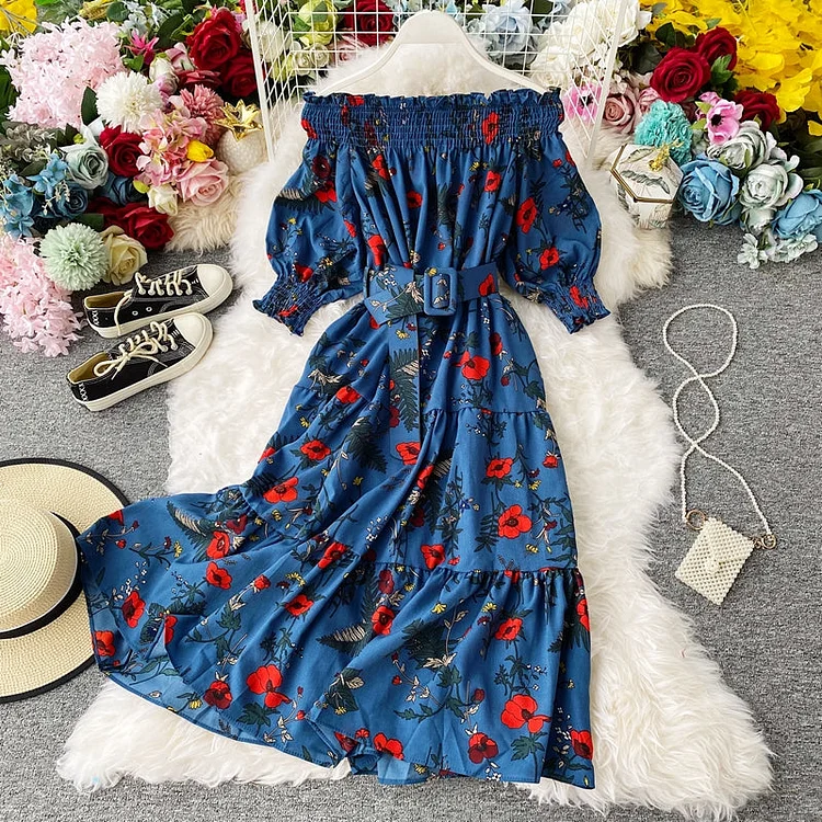 Vintage Dress, Luditu Midi Dress, Dress, Off Shoulder Dress, Poppy in Blue and Red