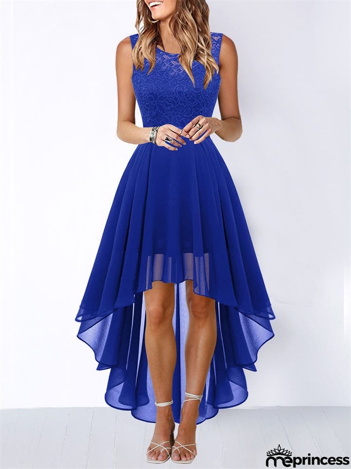 Women's Lace Splicing Round Neck Backless Chiffon Elegant Dress