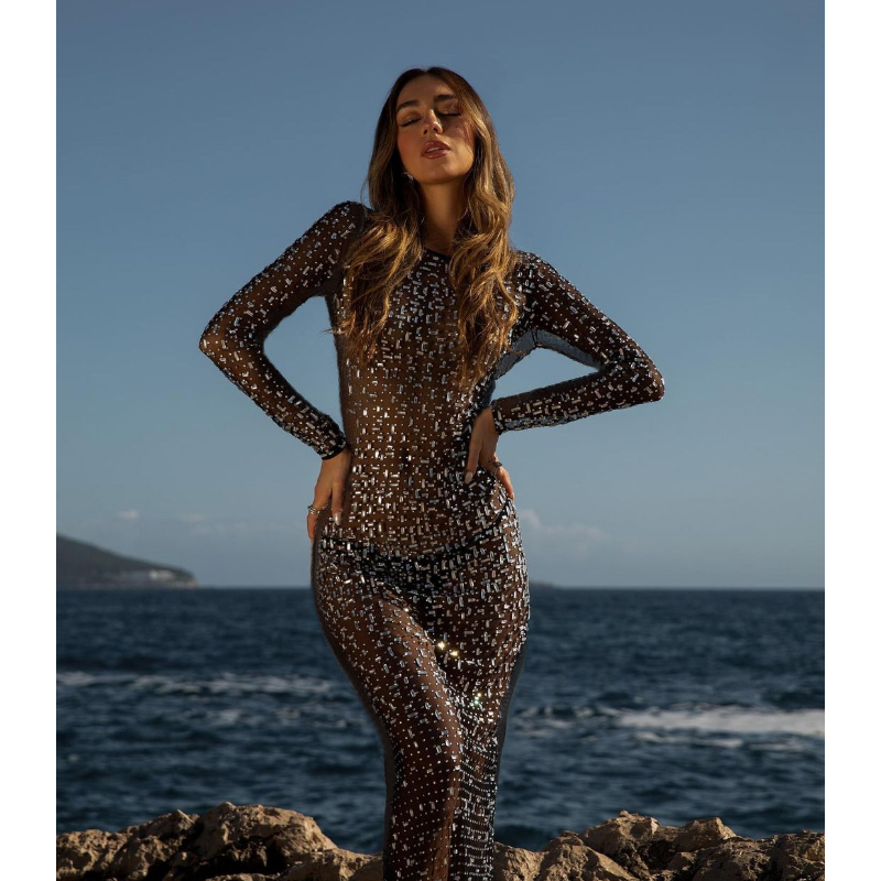 Ootddress Glitter Female Cover up Maxi Dress Mesh See-Through Split Fashion Long Sleeve Slim Sexy Beach Cover up Dress For Women New