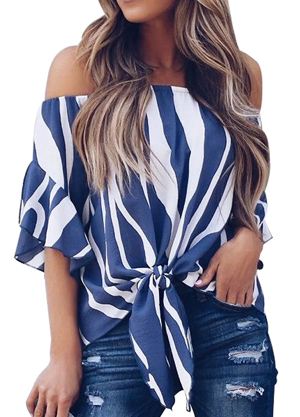 Womens Vertical Stripes Off Shoulder Tie Knot Casual Chiffon Blouse Tops