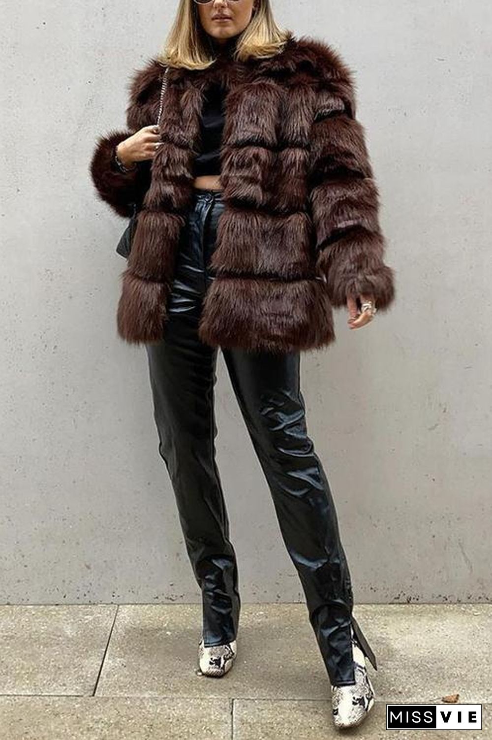 Layer O Neck Faux Fur Coat