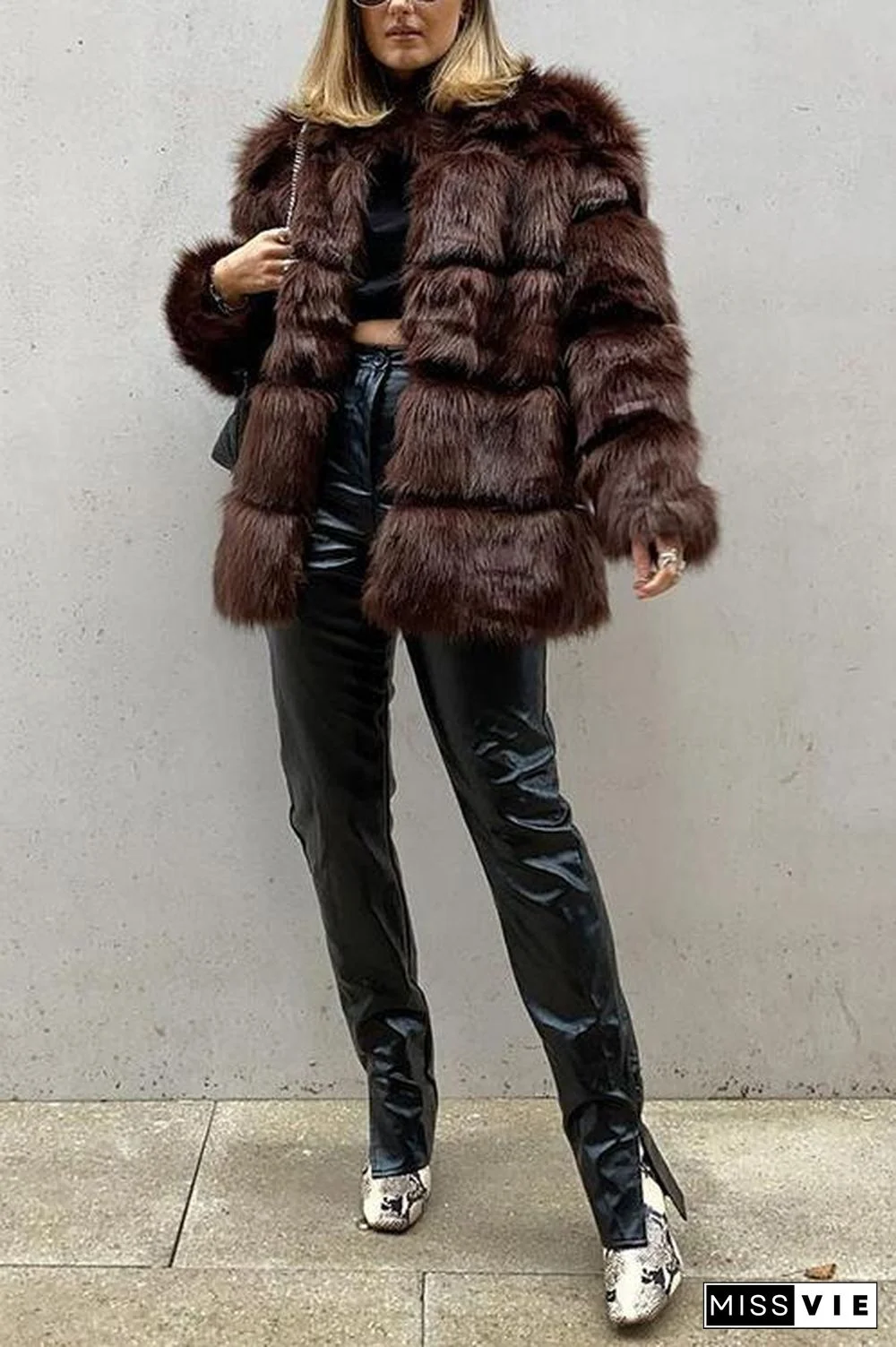 Layer O Neck Faux Fur Coat