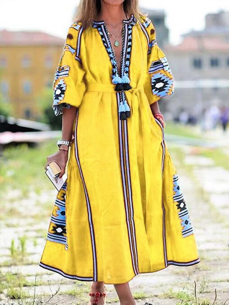 Boho Fringe Decor V Neck Midi Dress
