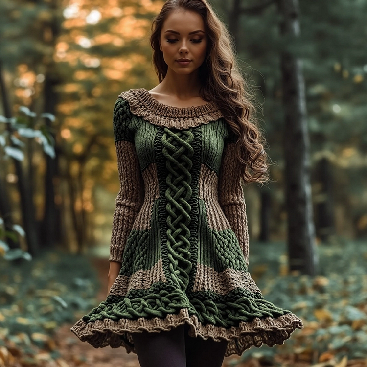 Women's Irish Celtic Knot Gradient Knit Sweater Cozy Dress