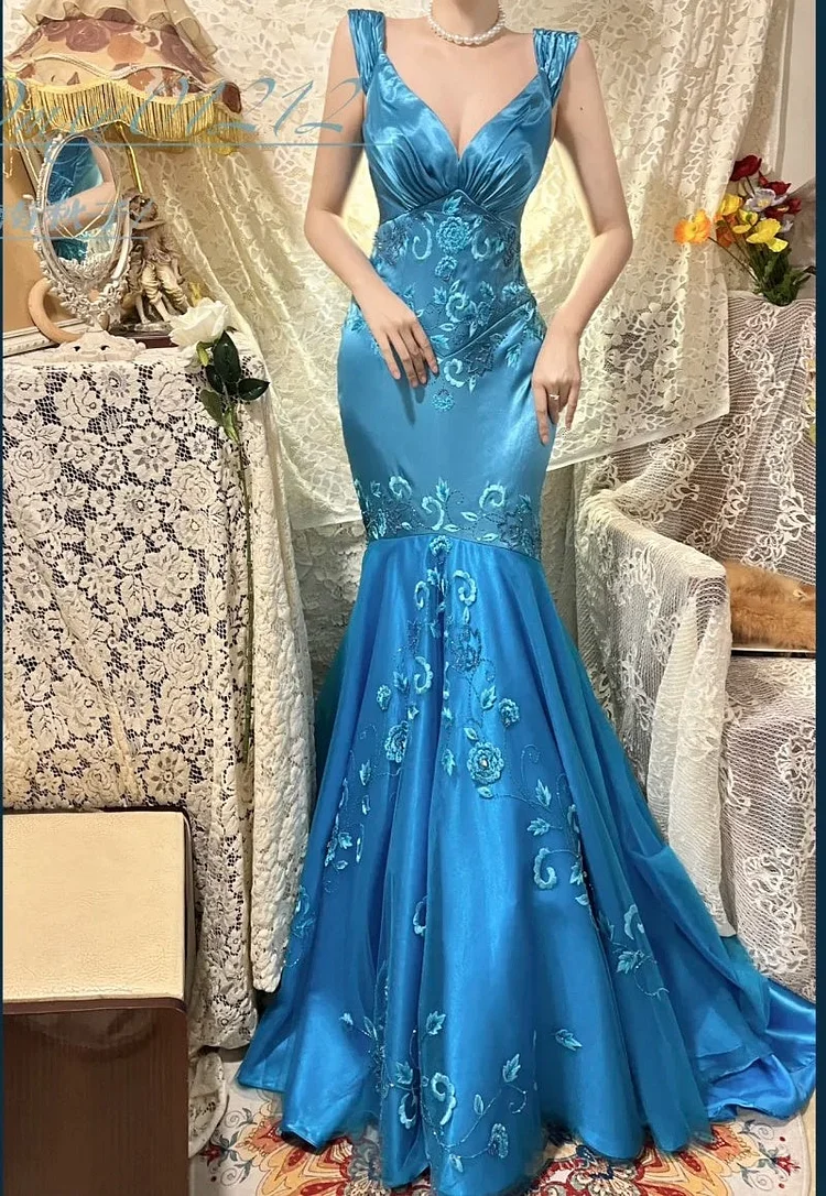 Blue Floral Elegant Long Satin Ball Gown Evening Gown Party Dress Bridesmaid Dresses