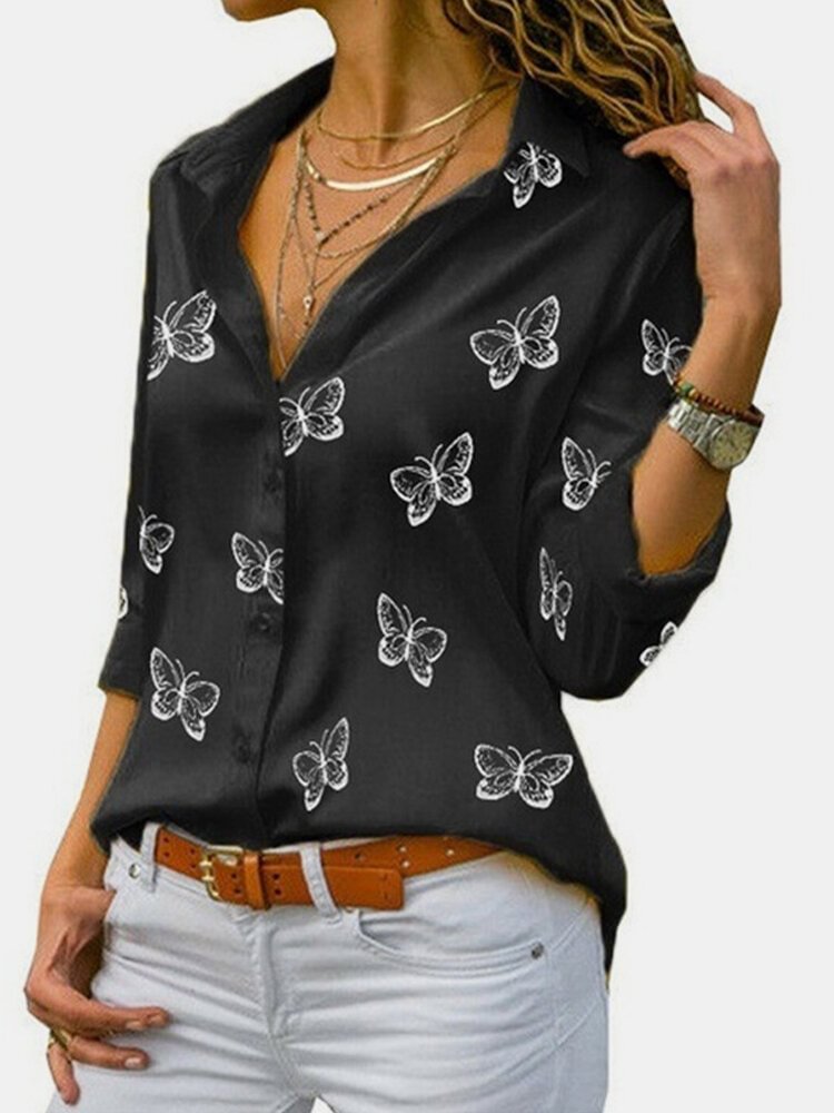 Butterflies Print Long Sleeve Lapel Casual Shirt For Women P1750012