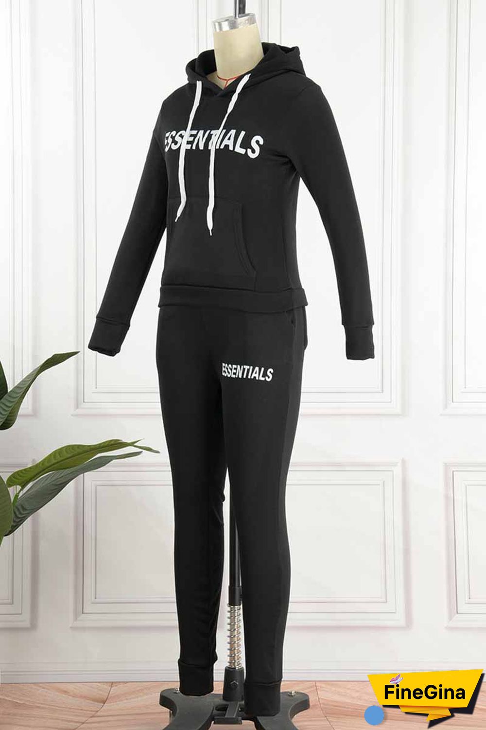 Pink Elegant Print Letter Hooded Collar Long Sleeve Two Pieces