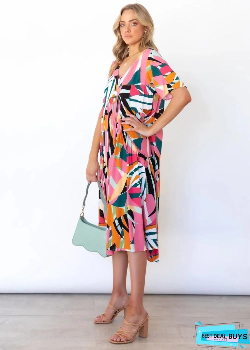 Loose V Neck Printed Short Sleeve Dress