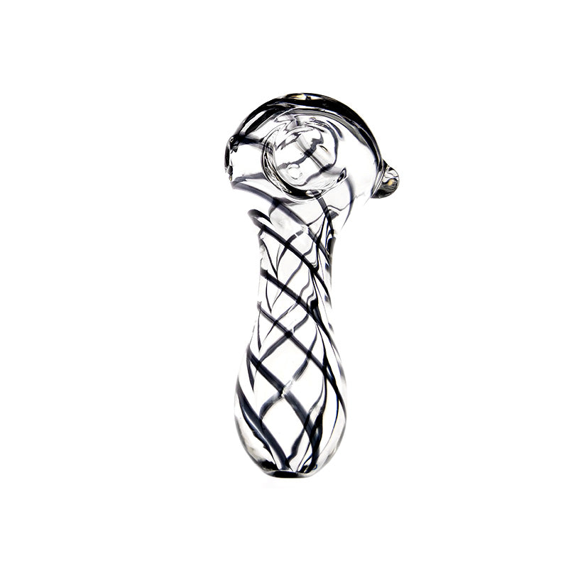 Clear Spoon Pipe Has Red/Blue Cross Stripes & Glass Marbles