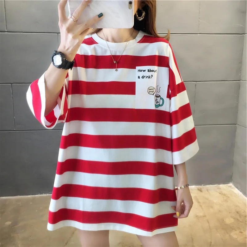 harajuku Women Rainbow Striped Oversized T-shirt Fashion 90s long Sleeve T-shirts Female Casual Tops Clothes Streetwear T shirt