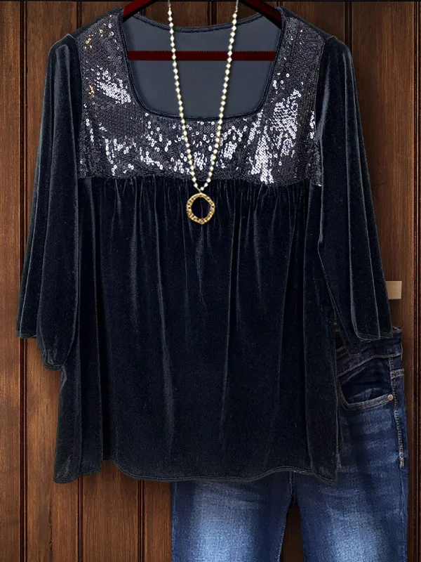 Sequined Velvet Patchwork Ruched Detail Top
