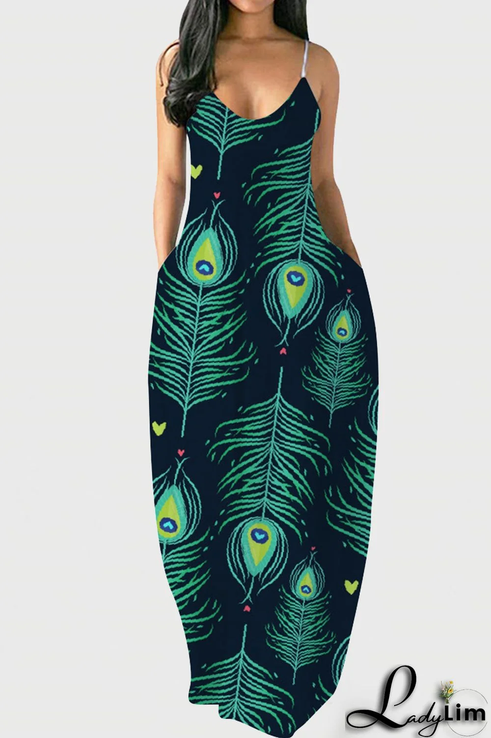 Tibetan Blue Fashion Sexy Print Backless Spaghetti Strap Long Dress