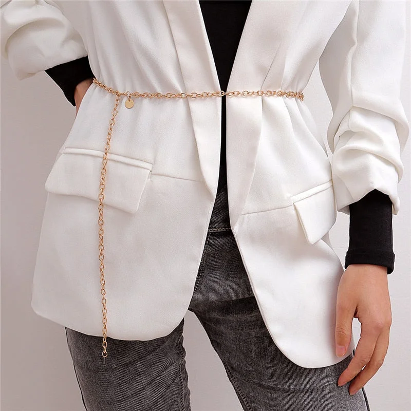 Women Thin Chain  Female Gold Silver Waist Body Small Dress Chain Belt Ladies Tassel Sequins Metal Belt ketting riem W3