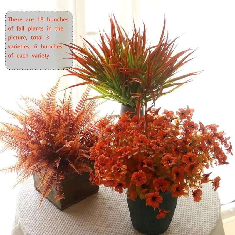 Artificial Pumpkin Flower Plant Decoration, 18pcs/set Faux Fall Flowers Grass Ferns Arrangements, UV Resistant Outside Faux Fall Greenery for Pot Garden Window Box Patio Home, Fruit, Halloween, Artificial Mixed Flower